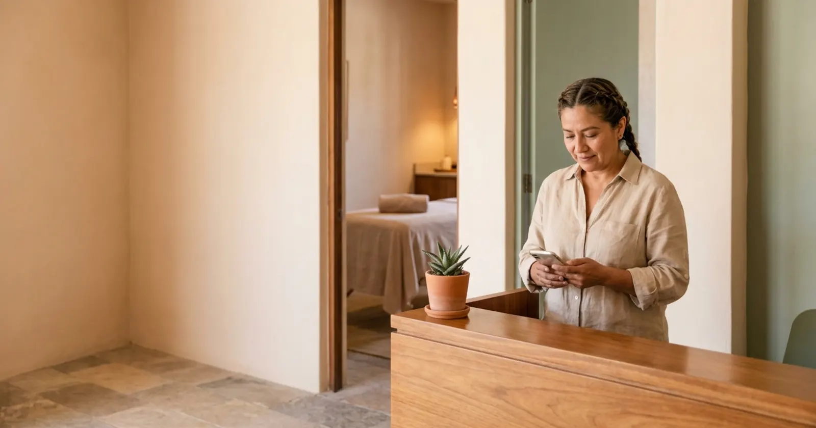 Recepcionista de spa revisa su celular en el mostrador de madera; detrás, una cabina con la camilla lista