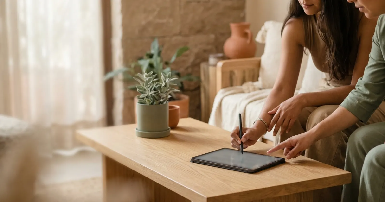Una clienta firma con lápiz digital en una tableta sobre una mesa de madera mientras la profesional le señala dónde