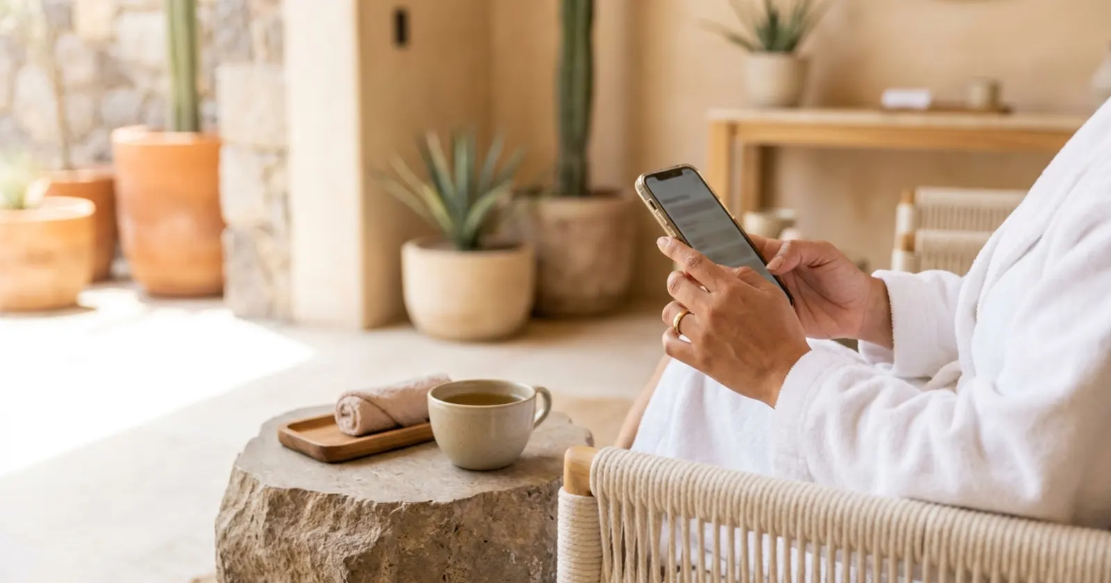 Clienta en bata blanca lee un mensaje en su celular en la sala de descanso del spa, junto a una taza de té