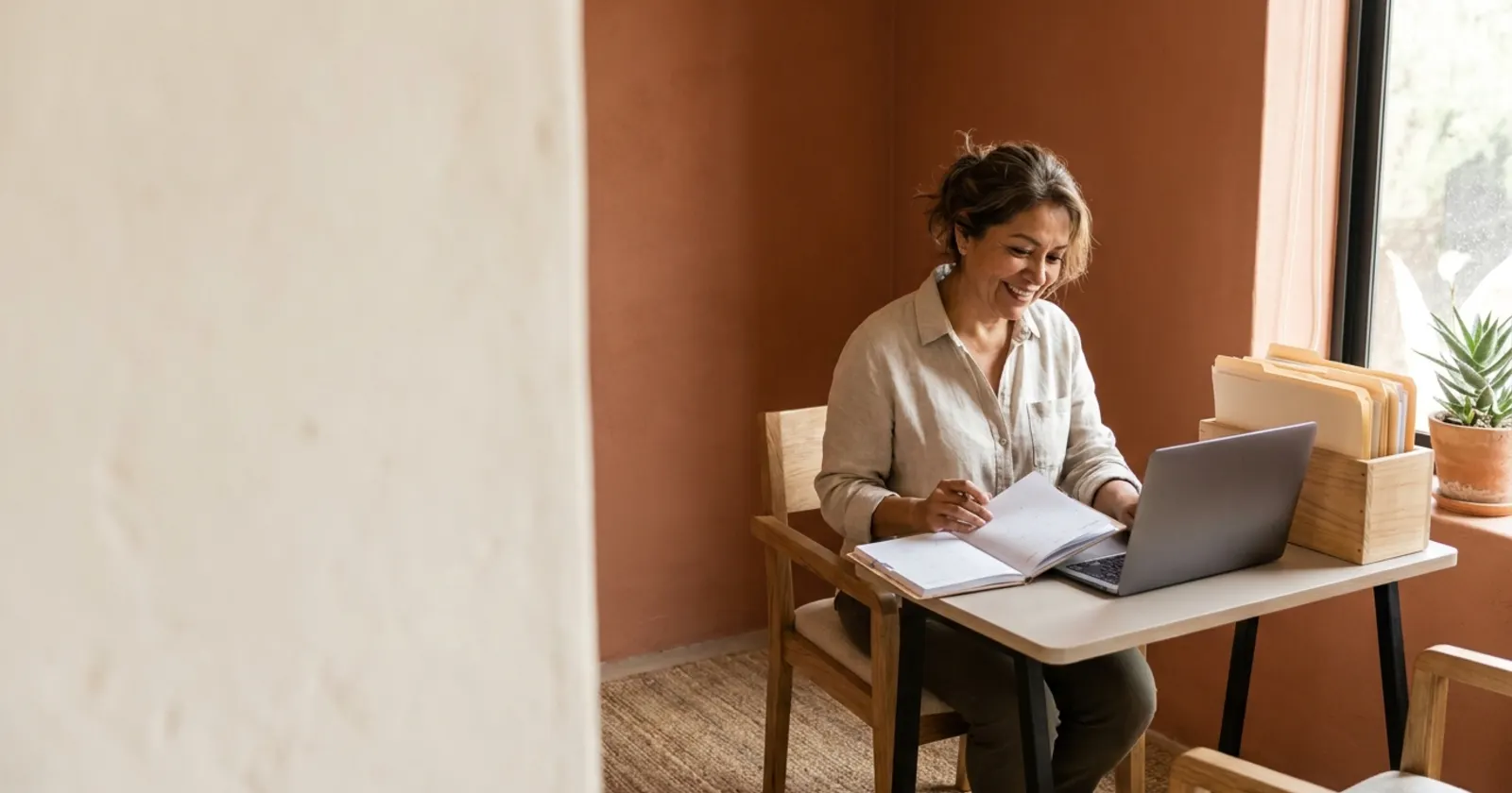 Dueña de un spa en su oficina con una agenda de papel abierta, una laptop y archivos ordenados junto a una pared terracota