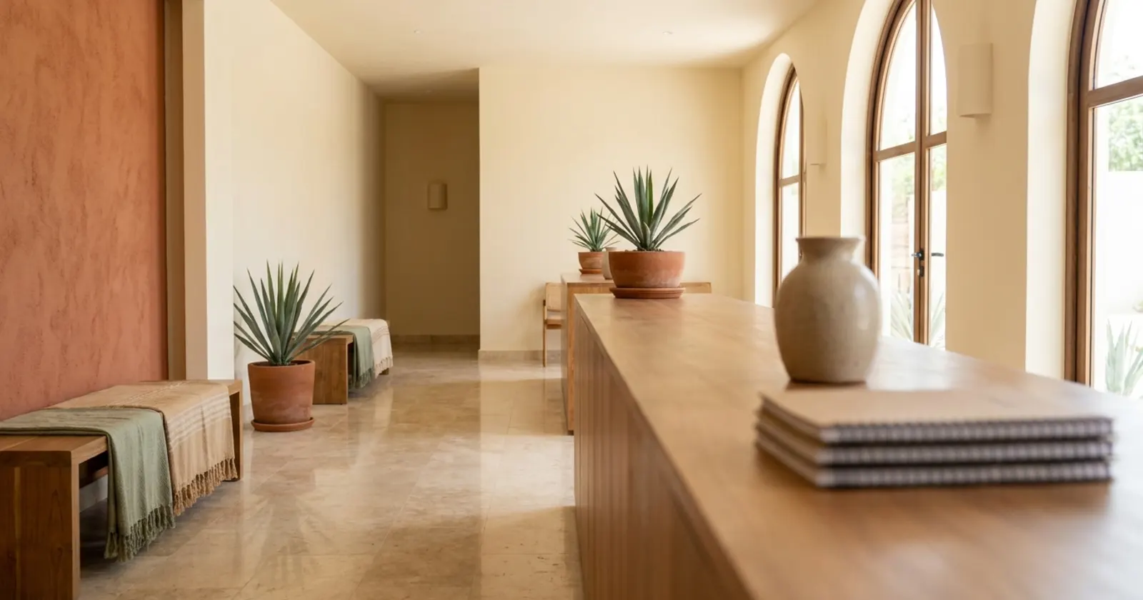 Recepción de un spa recién terminado, sin gente, con mostrador de madera, plantas y luz natural
