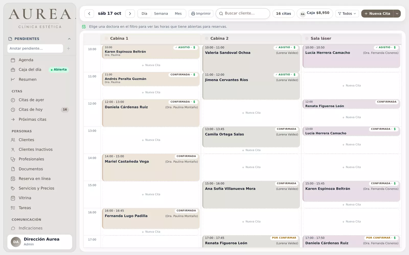 Agenda del día de un spa de demostración con una columna por cabina y el estado de cada cita