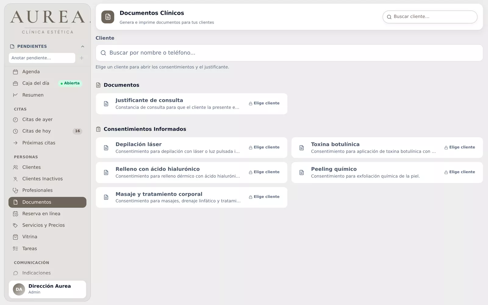 Documentos de un spa de demostración con los cinco consentimientos de spa listos para elegir clienta
