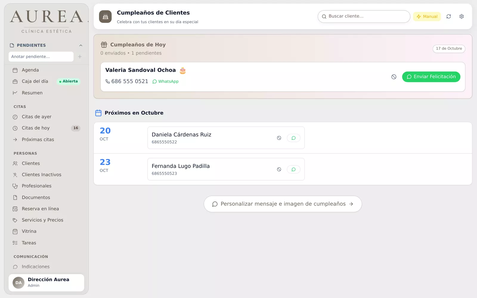 Pantalla de cumpleaños de un spa de demostración con las clientas que cumplen hoy y en el mes