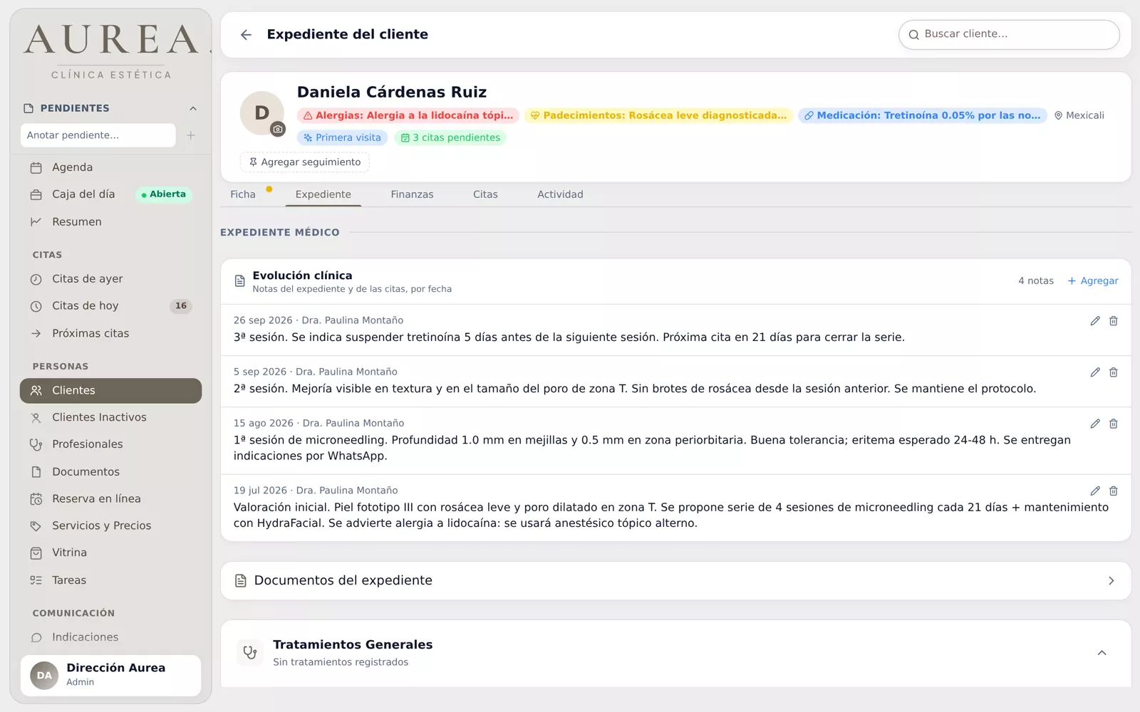 Ficha de una clienta de demostración con sus datos, antecedentes y notas de sesión