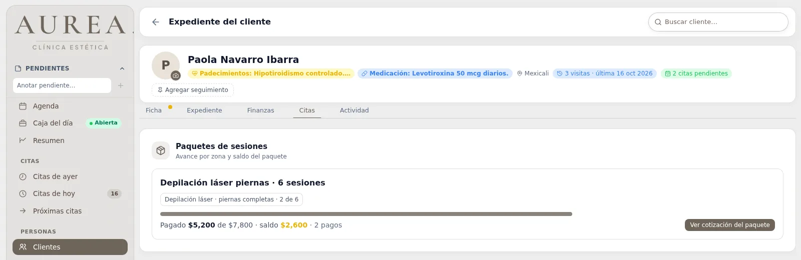 Ficha de una clienta de demostración con su paquete de depilación láser: 2 de 6 sesiones y el saldo pendiente
