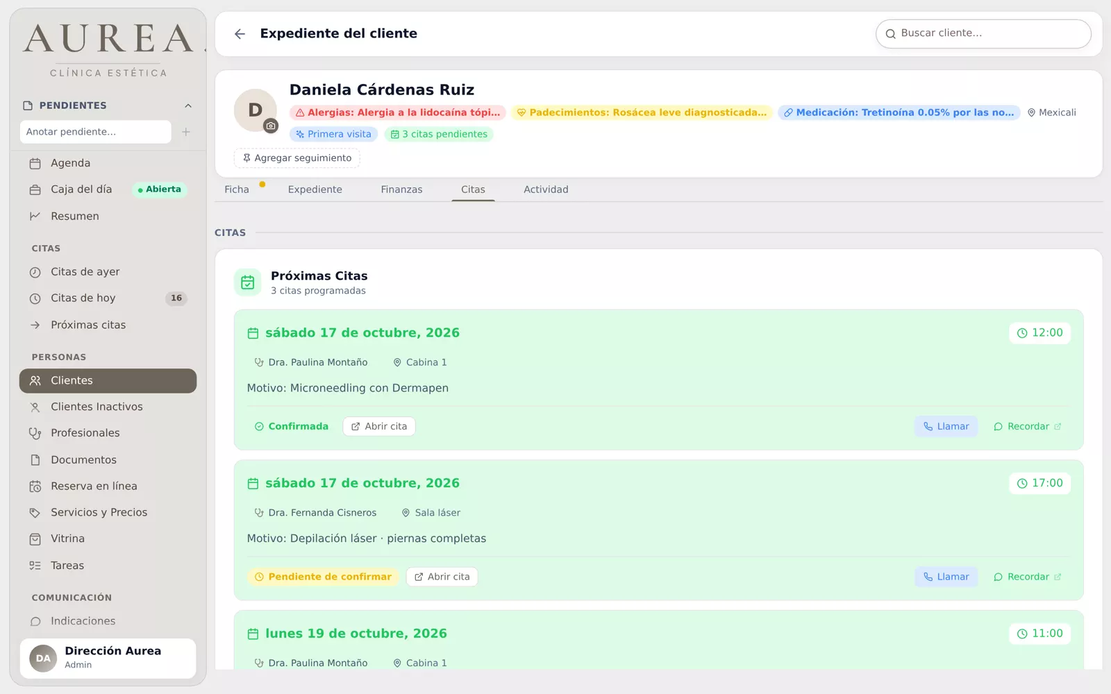 Próximas citas de un spa de demostración ya dentro de la agenda, con la cabina y la profesional de cada una
